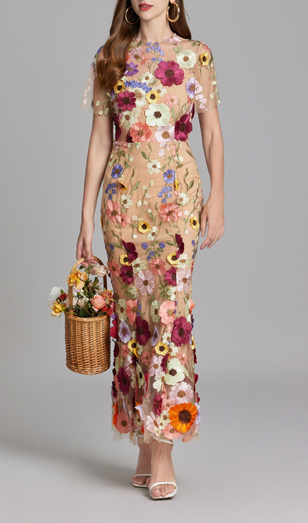Carol Floral Embroidery Mesh Fishtail Midi Dress Flowering Girl