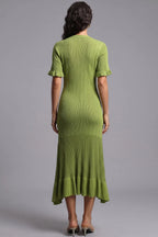 Olive Green Ribbed Knit A-Line Trumpet Midi Dress Flowering Girl