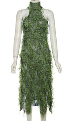 Halterneck Backless Hollow Midi Dress In Green Flowering Girl