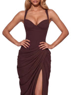Keldrax Lace Up Ruched Split Maxi Dress Flowering Girl