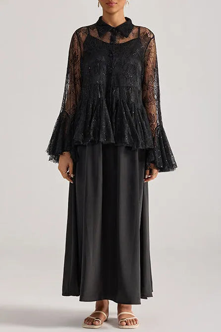 Tiffany Black Lace Bell-Sleeve Ruffle Embroidered Top Maxi Dress Set Flowering Girl