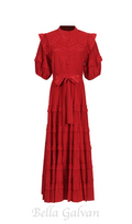 Lace ruffle trim layer midi dress in red Flowering Girl