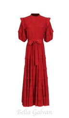 Lace ruffle trim layer midi dress in red Flowering Girl