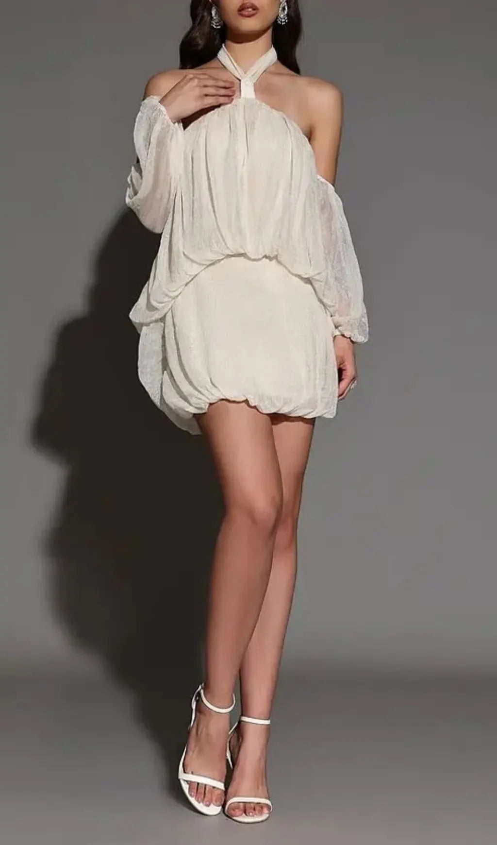 Vivien Halter Neck Fluffy Mini Backless Mini Dress In Apricot Flowering Girl