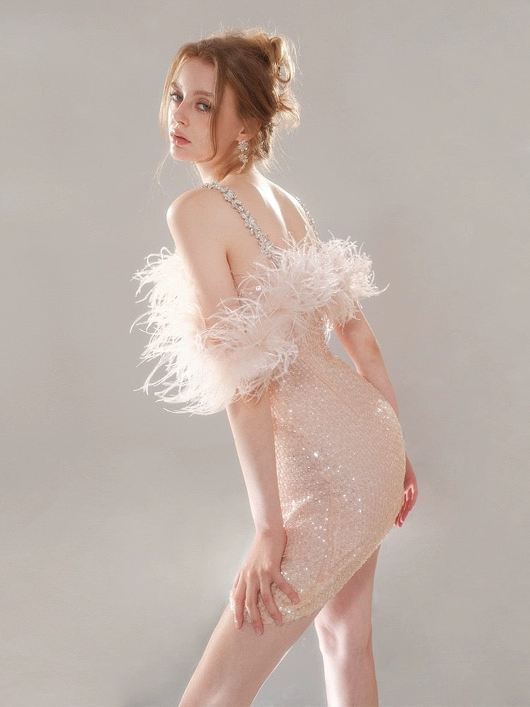 Priscilla Sequin Feather Crystal-Strap Mini Dress In Pink Flowering Girl
