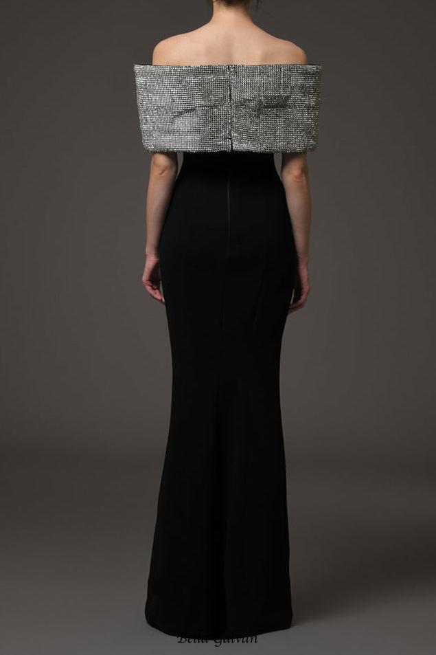 crystal bow crêpe maxi dress in Black Flowering Girl
