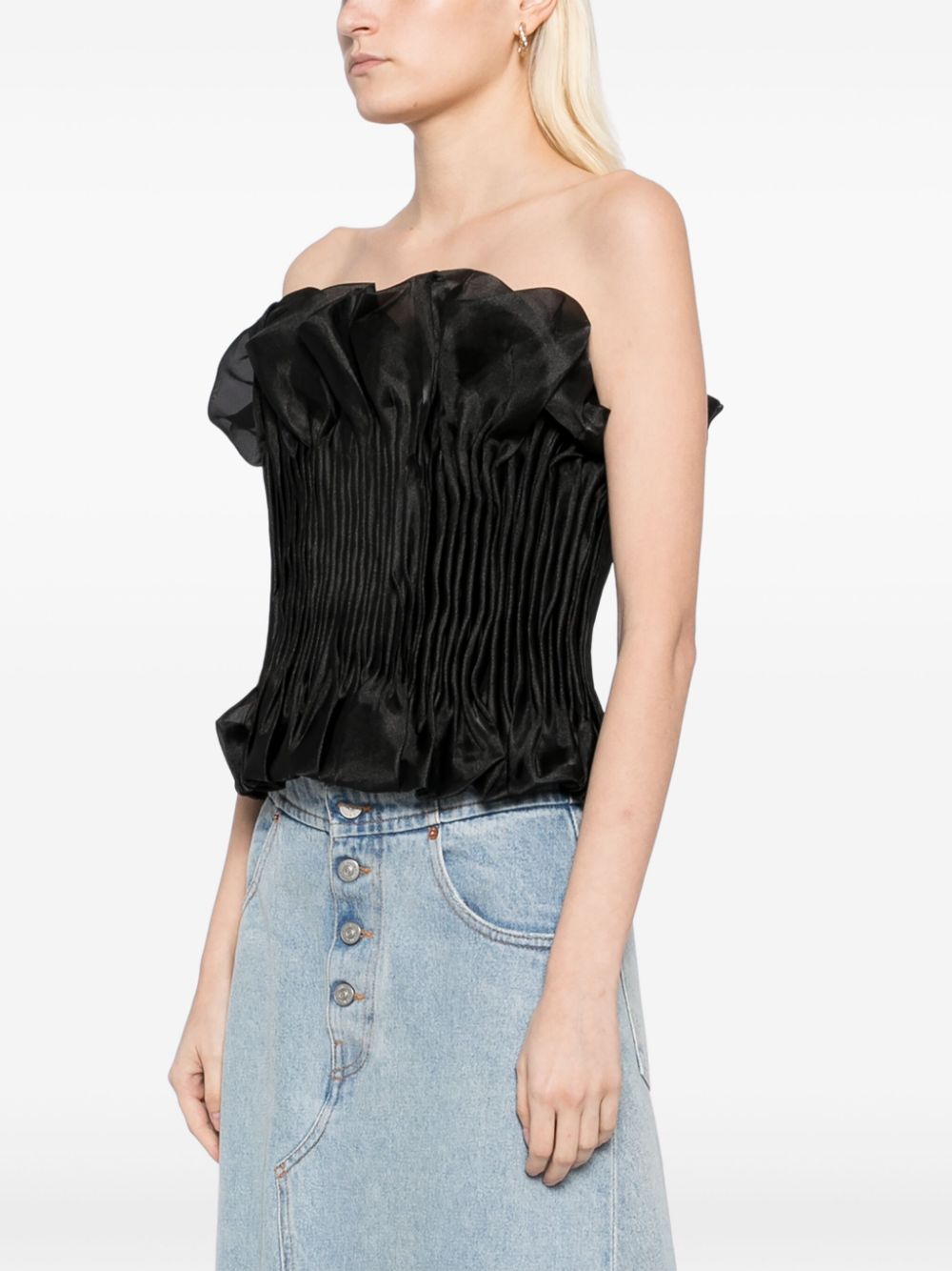 Print Ruffle Trim Top In Black Flowering Girl