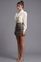 Off-White Dotted Swiss Blouse & Brown Tweed Sequin Mini Skirt Two-Piece Set Flowering Girl