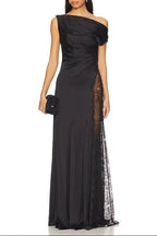 Sara Black Asymmetrical Pleated Maxi Dress With Side Slit Lace Trim Flowering Girl