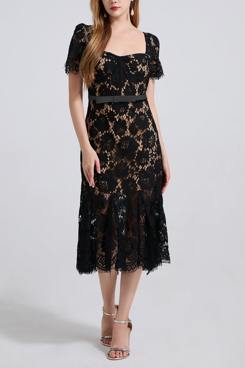 SQUARE NECK LACE MIDI DRESS IN BLACK Flowering Girl