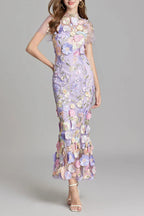 Floral Embroidery Mesh Fishtail Midi Dress In Purple Flowering Girl