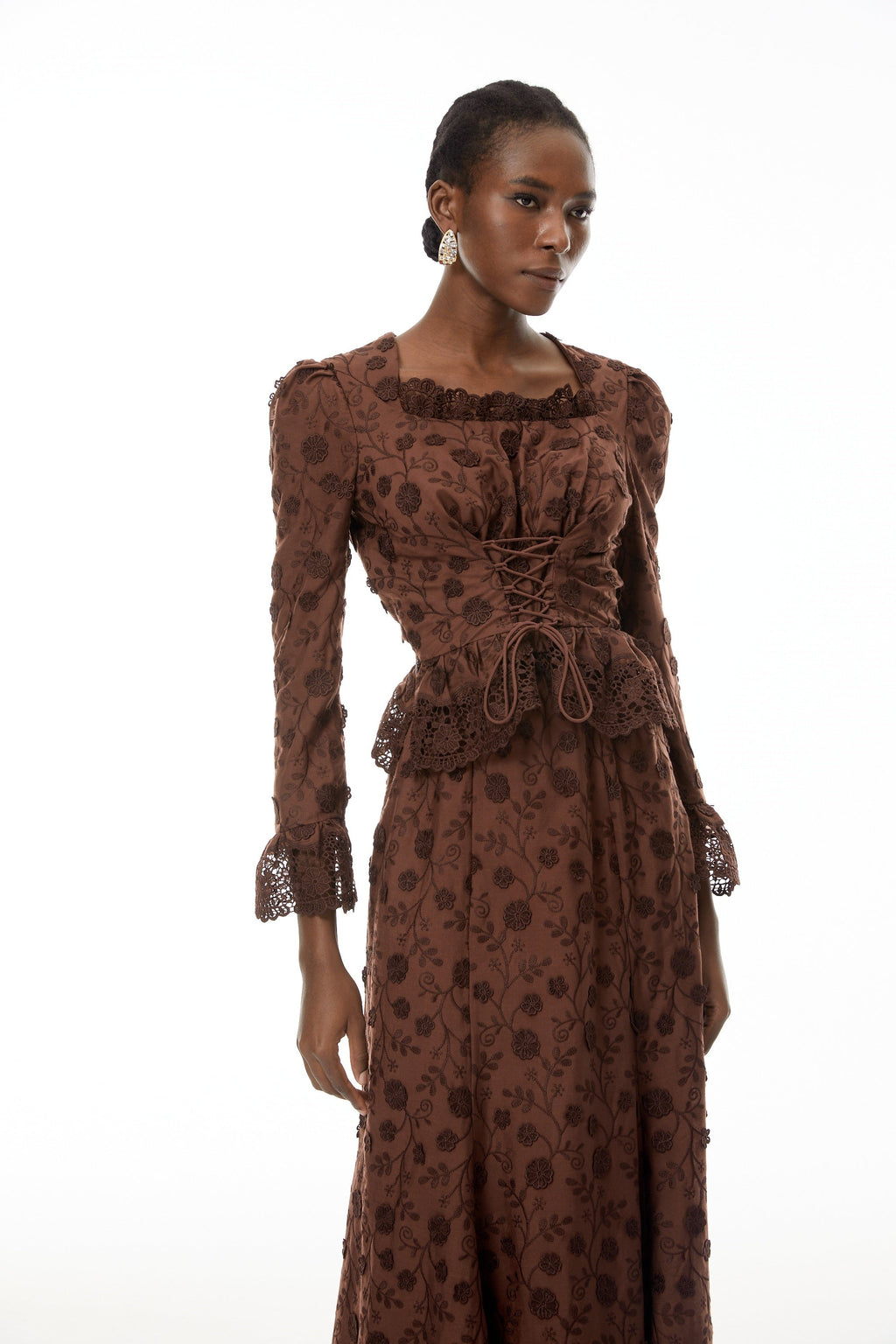 Fiorenza Brown Floral Lace Blouse & Skirt Set Flowering Girl