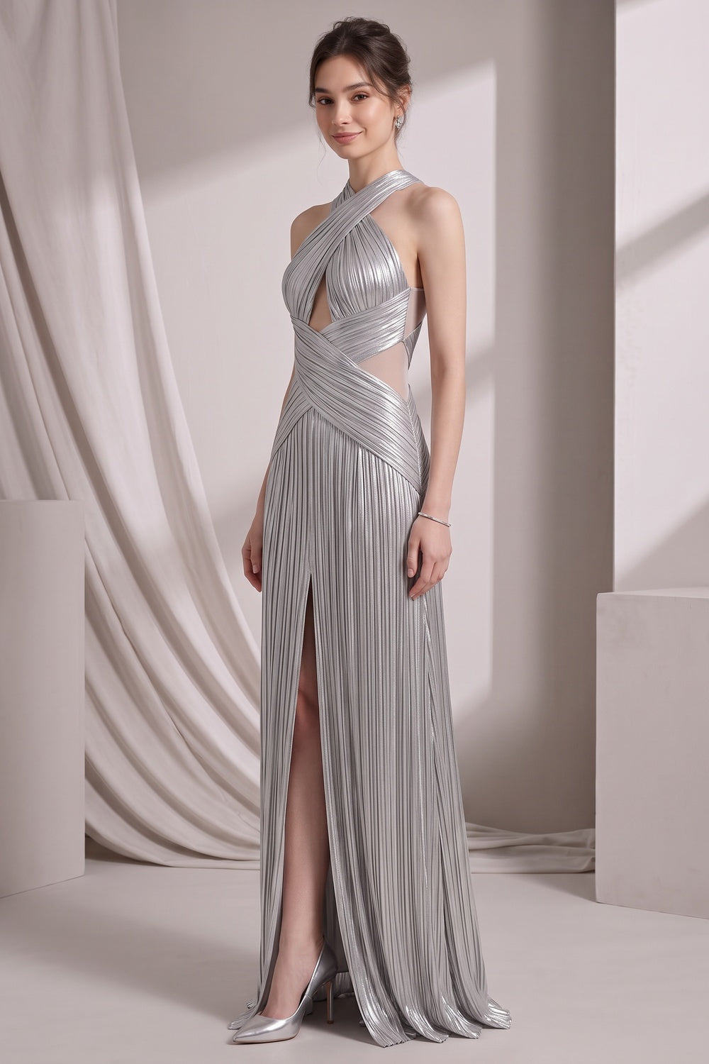 Silver Metallic Plissé Column Gown Flowering Girl