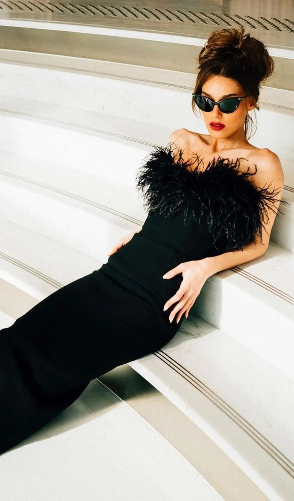 Feather Bodycon Maxi Dress In Black Flowering Girl