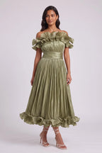 Olive Green Pleated Satin Or Taffeta Fit-And-Flare, Off-The-Shoulder Midi Dress Flowering Girl