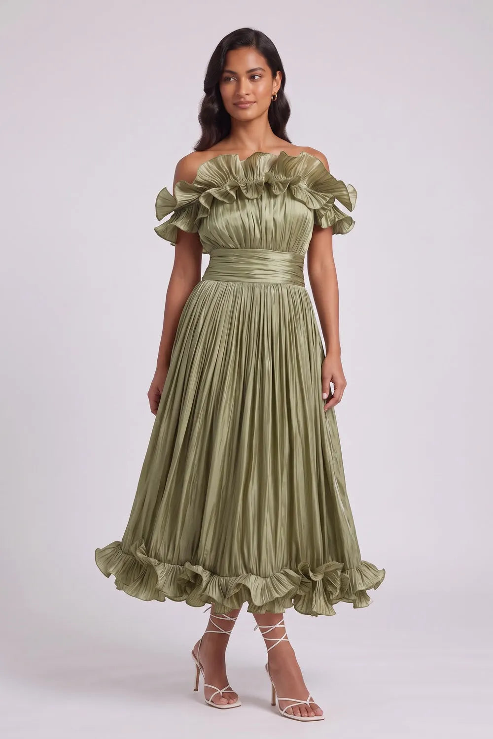 Olive Green Pleated Satin Or Taffeta Fit-And-Flare, Off-The-Shoulder Midi Dress Flowering Girl