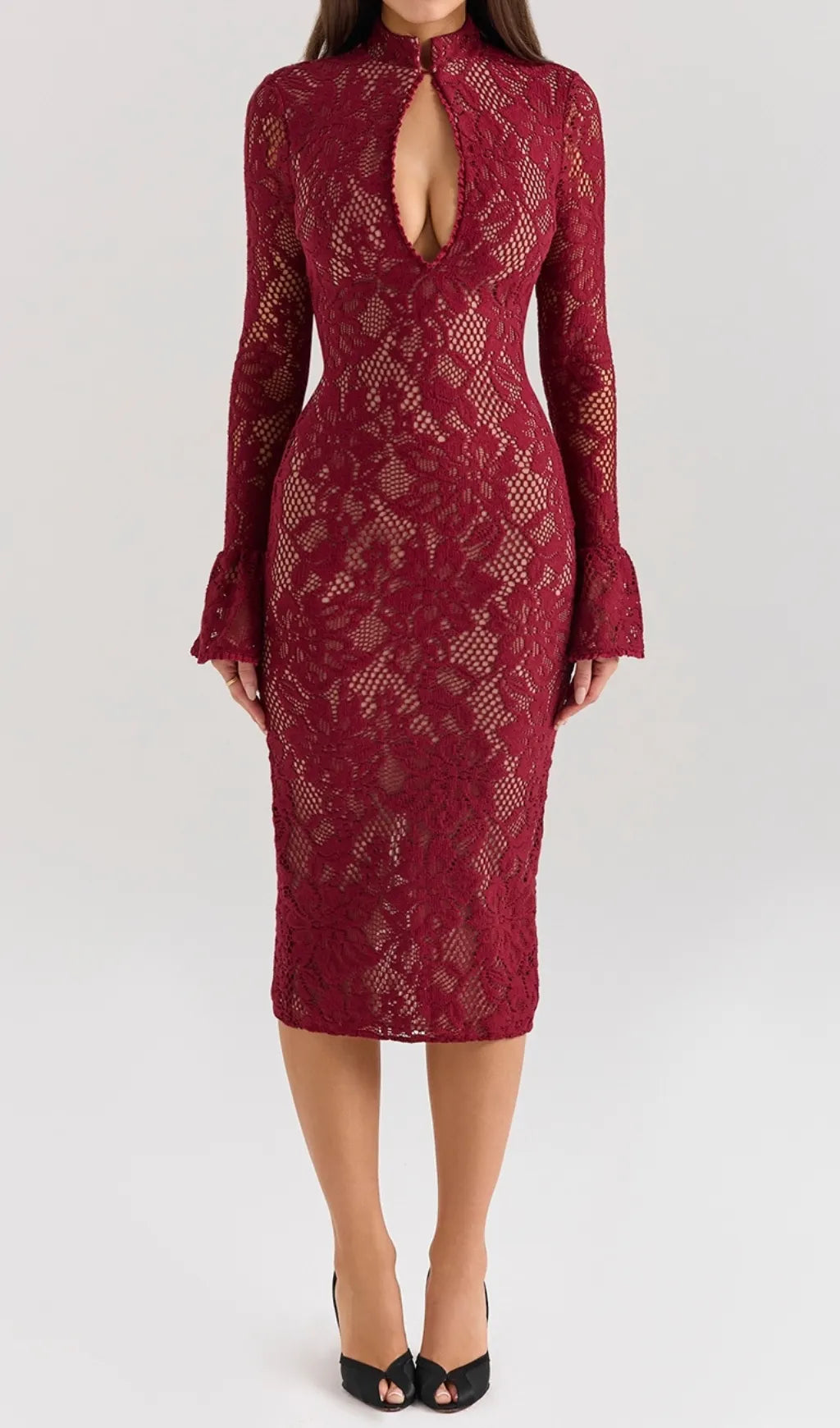 Cayman Red Lace Long Sleeve Midi Dress Flowering Girl