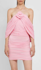 Brick Pink Halter Flower Draped Mini Dress Flowering Girl