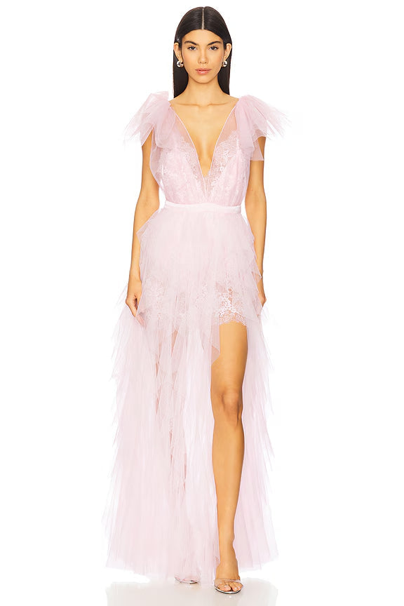 ruffle tulle atop floral lace mini dress in pink Flowering Girl