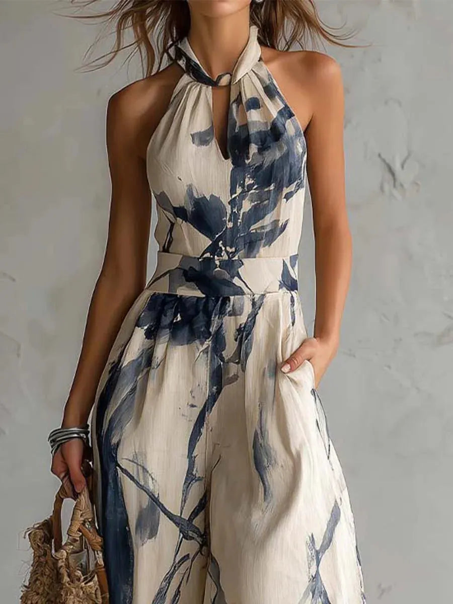 Halter Neck Ink Wash Print Wide Leg Jumpsuit With Pockets Flowering Girl