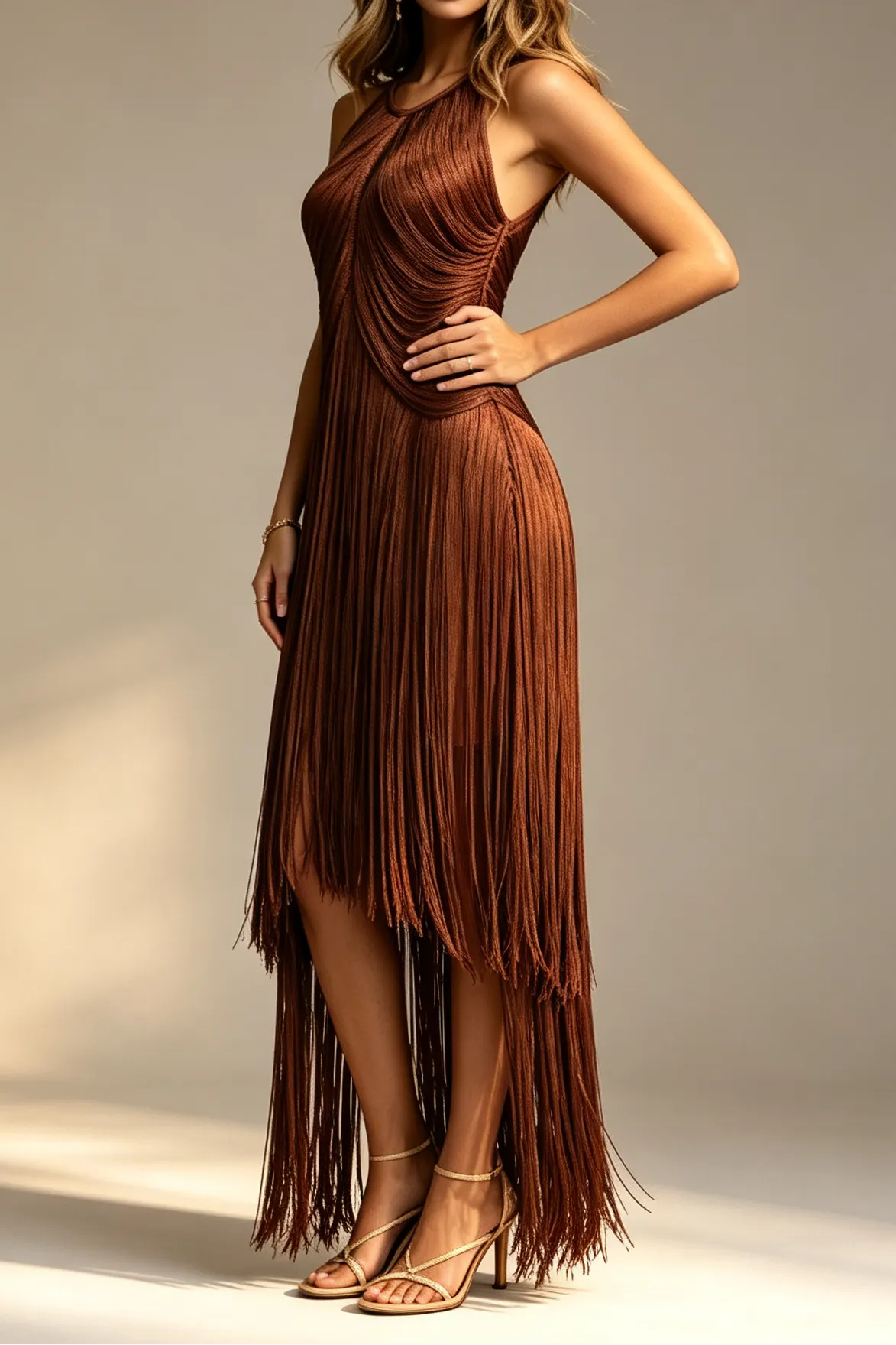 Chocolate Brown Halter Neck Draped Bodice Multi-Tier Long Fringe Bodycon Midi Party Dress Flowering Girl