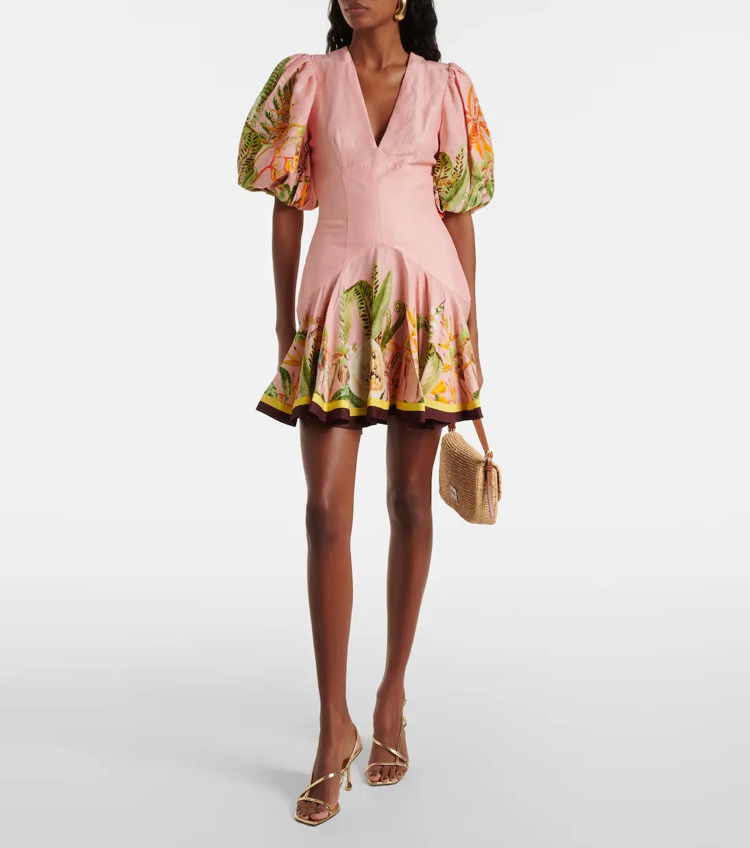 V-Neck Puff Sleeve Cotton Linen Printed Mini Dress - Pink Flowering Girl
