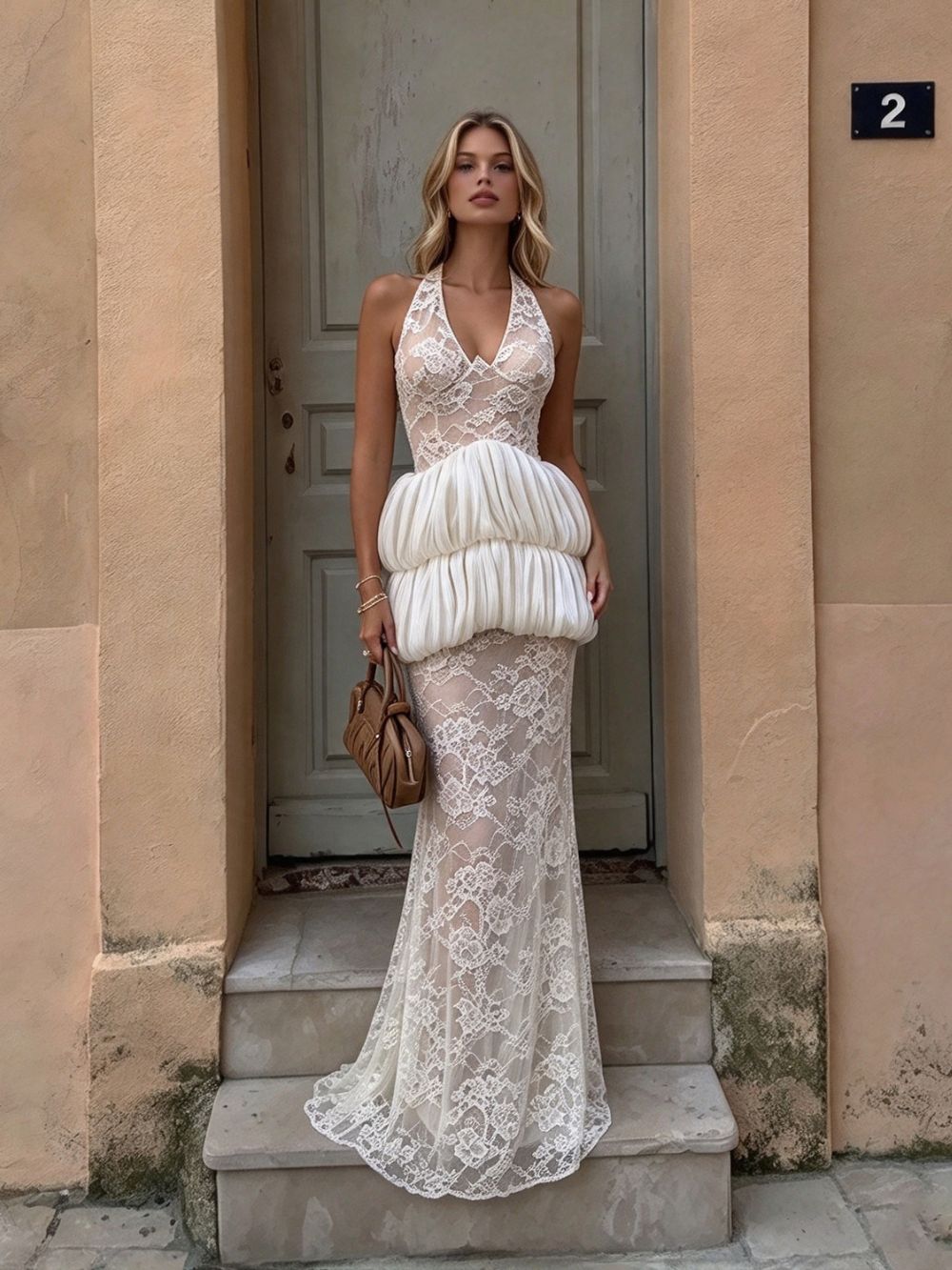 Mishel White Halter Lace Maxi Dress Flowering Girl