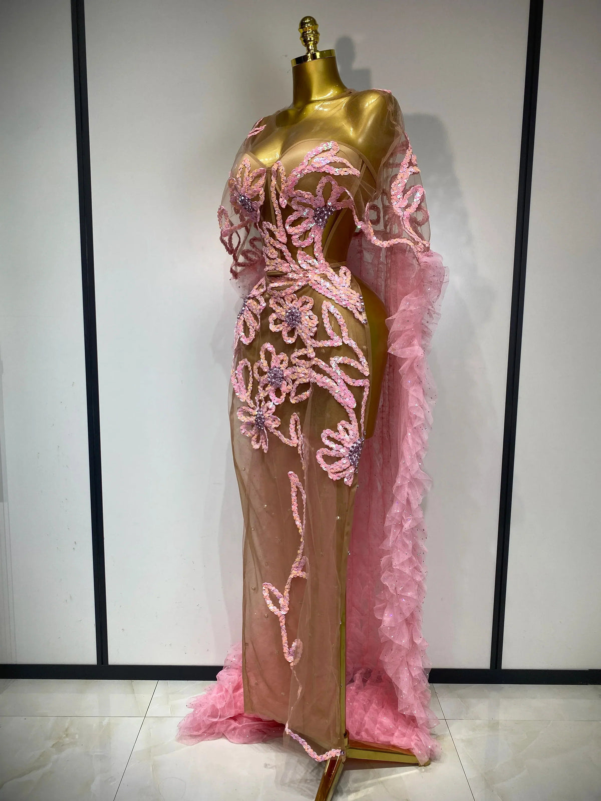 Sparkly Mesh See Through Maxi Dress In Pink Flowering Girl