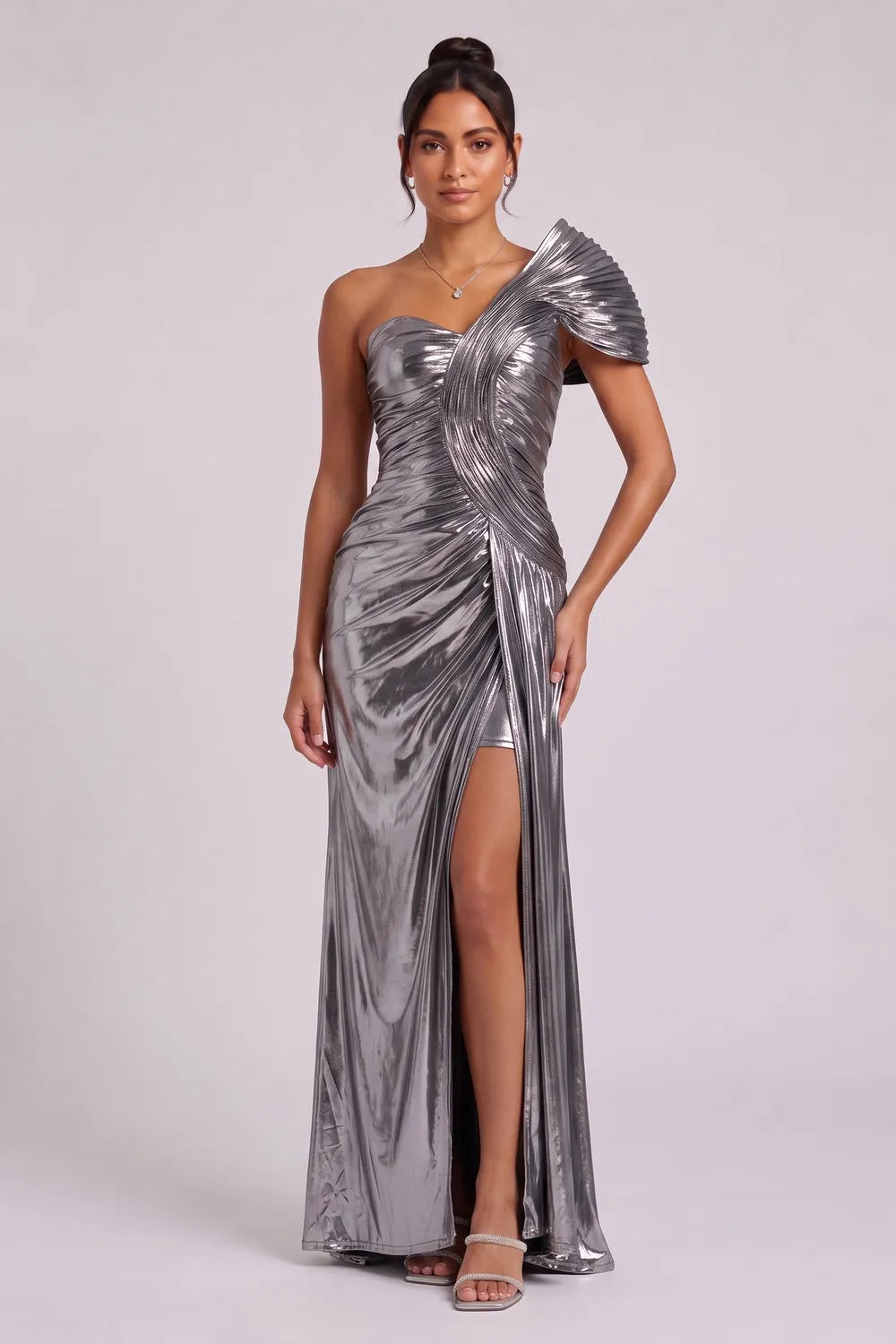 Silver Metallic One-Shoulder Draped Maxi Dress Flowering Girl