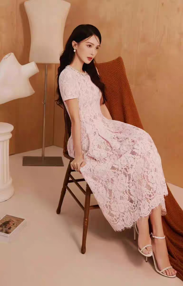 Sequin Floral Lace Midi Dress in pink Flowering Girl