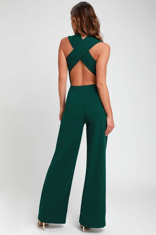 Thinking Out Loud Hunter Green Backless Jumpsuit Flowering Girl