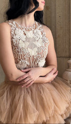Ballerina | Beige Tulle Mini Dress With 3D Applique Flowering Girl