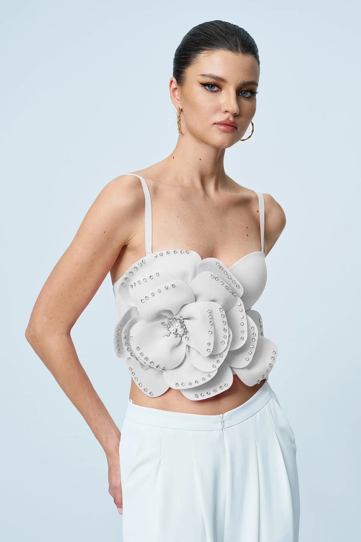 Anjanette Flower Spaghetti Rhinestone Top In White Flowering Girl
