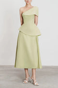 One Shoulder Top Flare Midi Skirt Suit In Olive Green Flowering Girl
