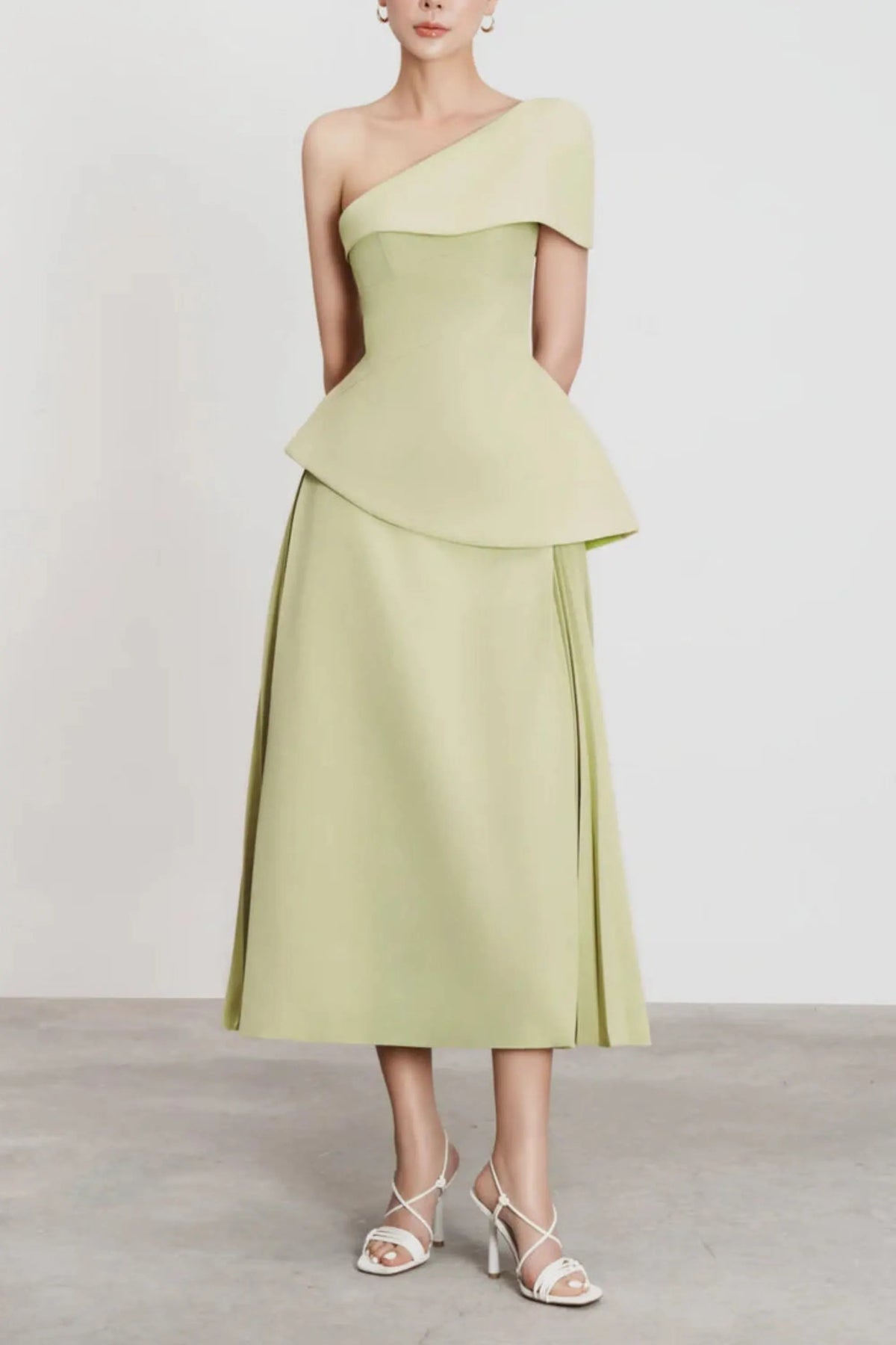 One Shoulder Top Flare Midi Skirt Suit In Olive Green Flowering Girl