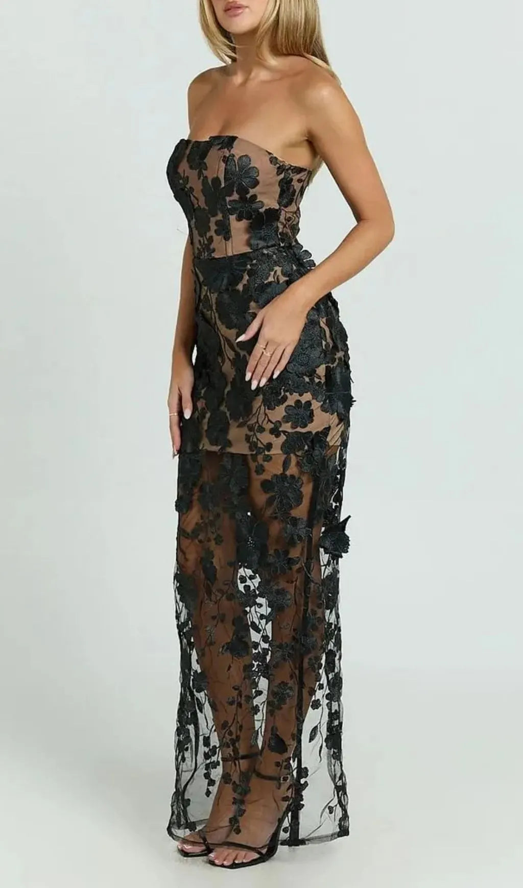 Strapless 3D Floral Mesh Maxi Dress Flowering Girl