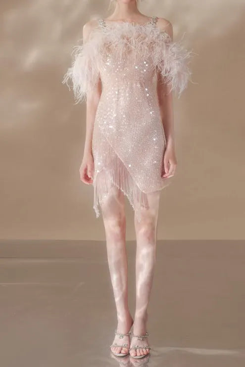 Priscilla Sequin Feather Crystal-Strap Mini Dress In Pink Flowering Girl