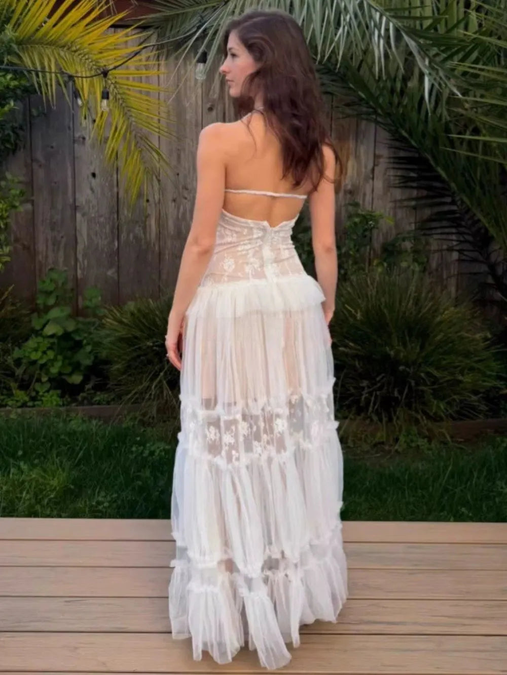 Marija White Spaghetti Mesh Maxi Dress Flowering Girl