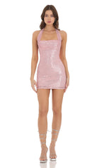Virginia Sequin Halter Backless Mini Dress In Pink Flowering Girl