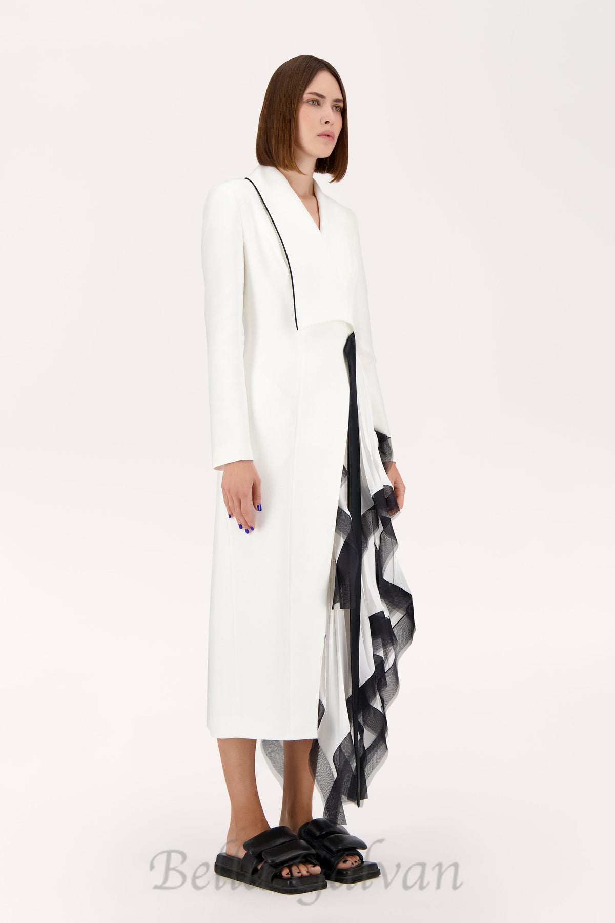 Asymmetric pleated ruffle trim blazer dress in white Flowering Girl