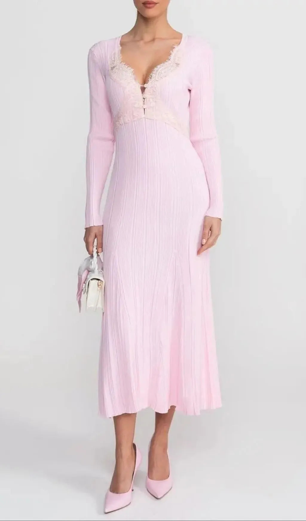 Apphia Pink Contrast Lace Knit Midi Dress Flowering Girl