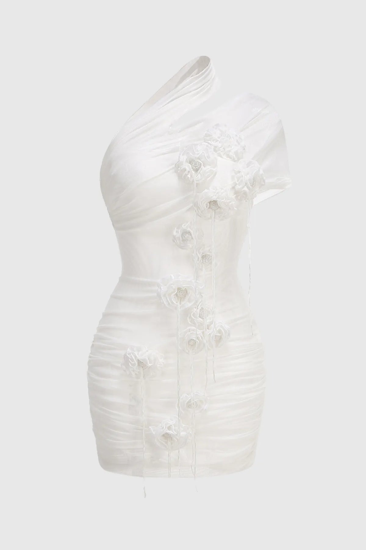 hazel One Shoulder Floral Mesh Ruched Mini Dress in white Flowering Girl