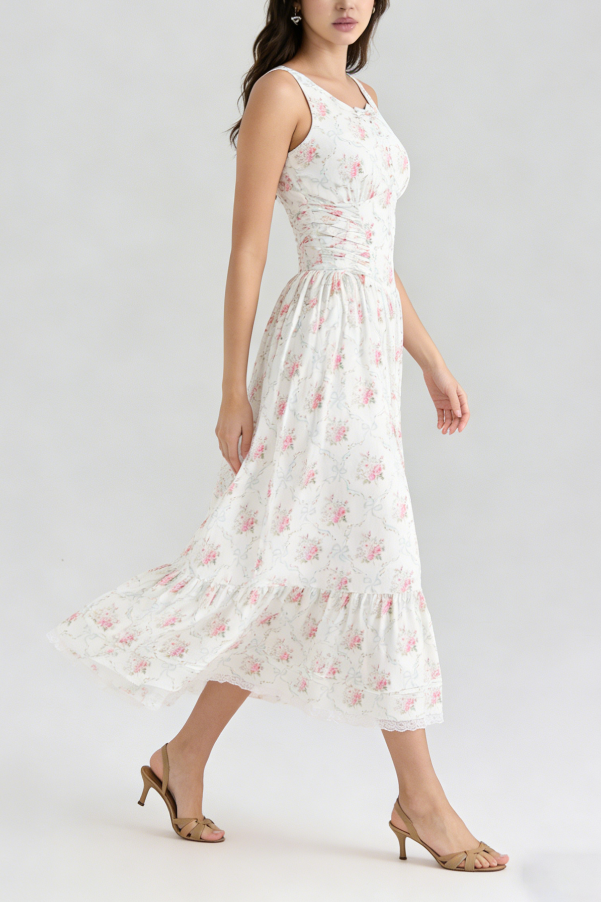 Hedy Elastic Printed Tie-Waist Midi Dress——Pink Flowering Girl