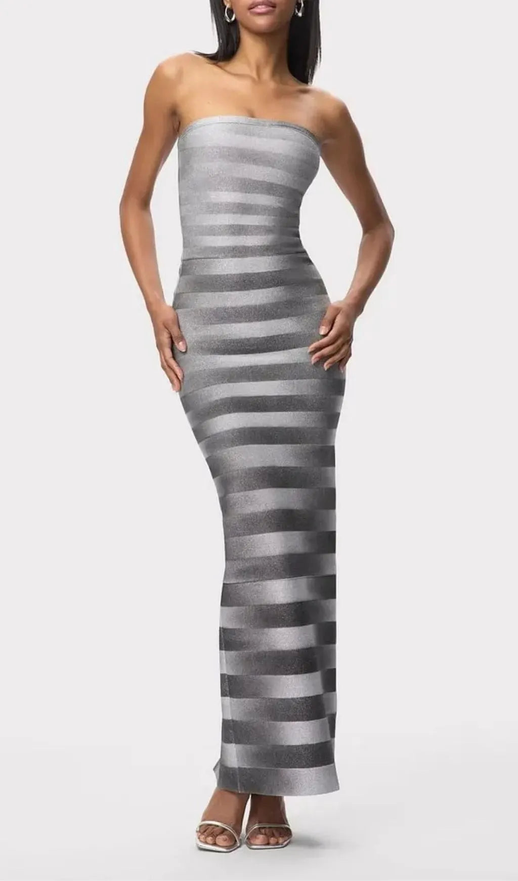 Janice Grey Stripes Bling Detail Bandage Maxi Dress In Silver Flowering Girl