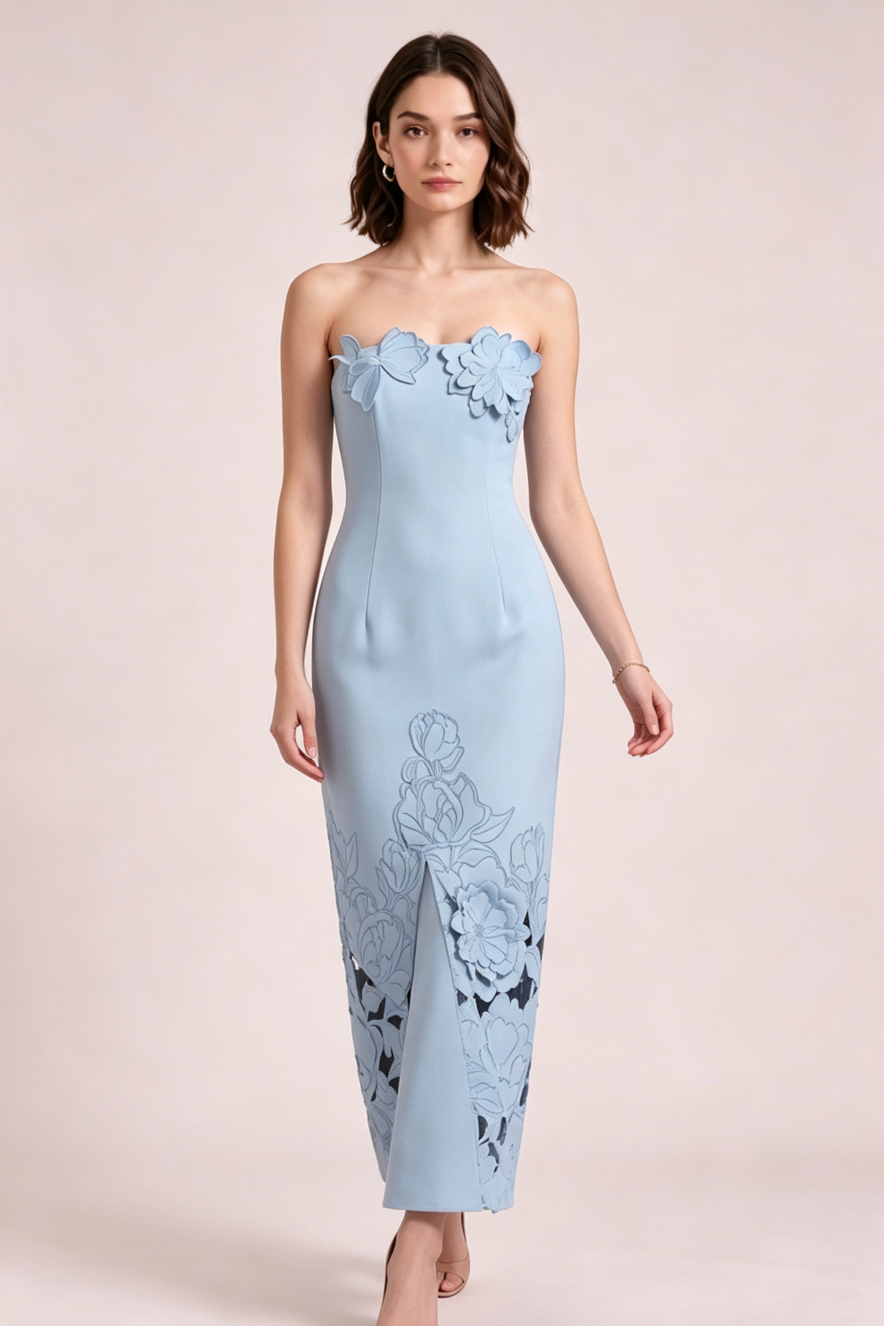 Light Blue Structured Crepe Column Dress Flowering Girl