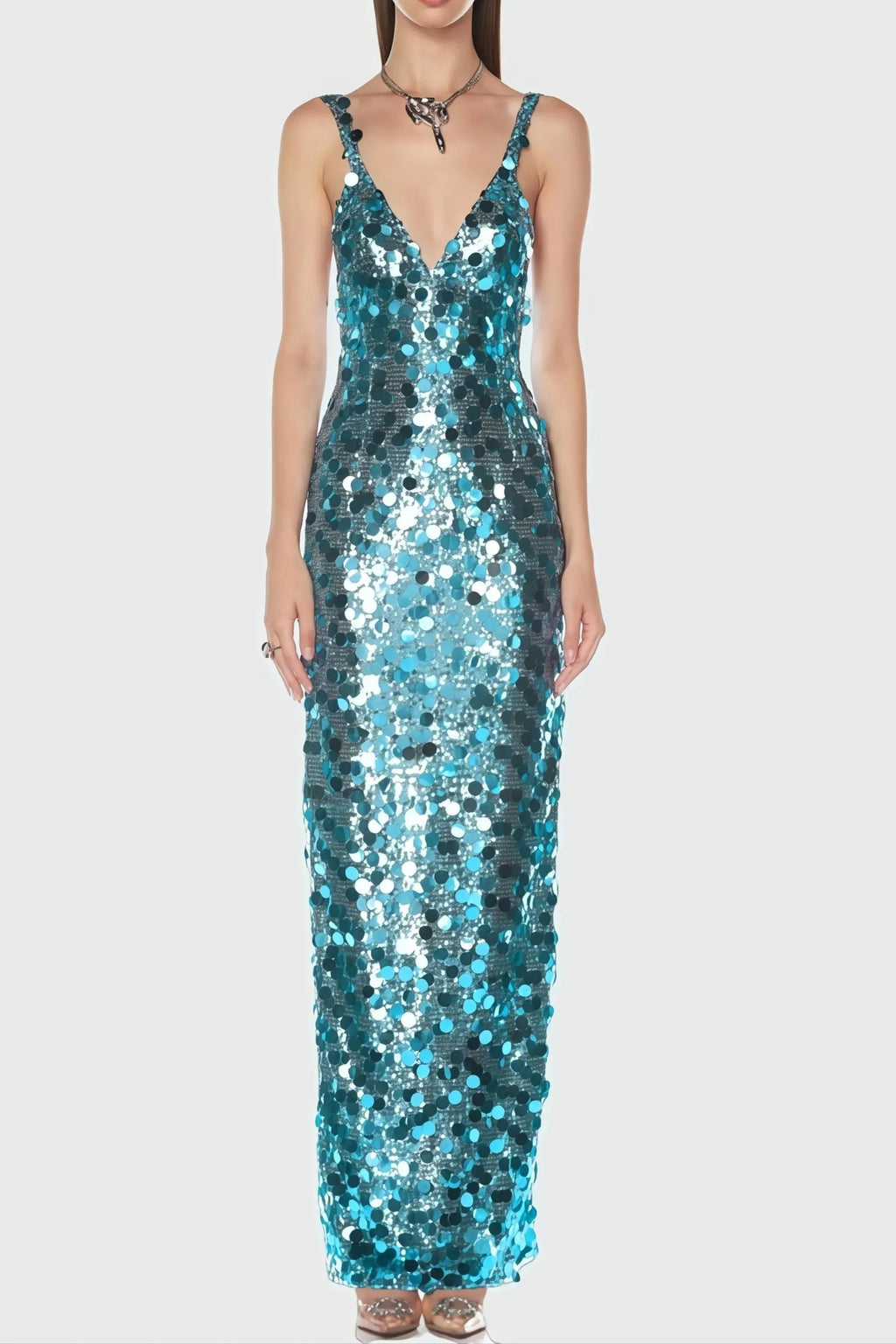 Carlin Sequin Deep V Strapless Maxi Dress In Blue Flowering Girl