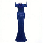 Riva Feather Embellished Hollowed Sequin Bodycon Maxi Dress In Blue Flowering Girl
