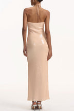 Vidonia Halter Floral Sequin Maxi Dress - Nude Flowering Girl