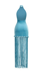 Jamie Blue Halter Tassel Velvet Maxi Dress Flowering Girl