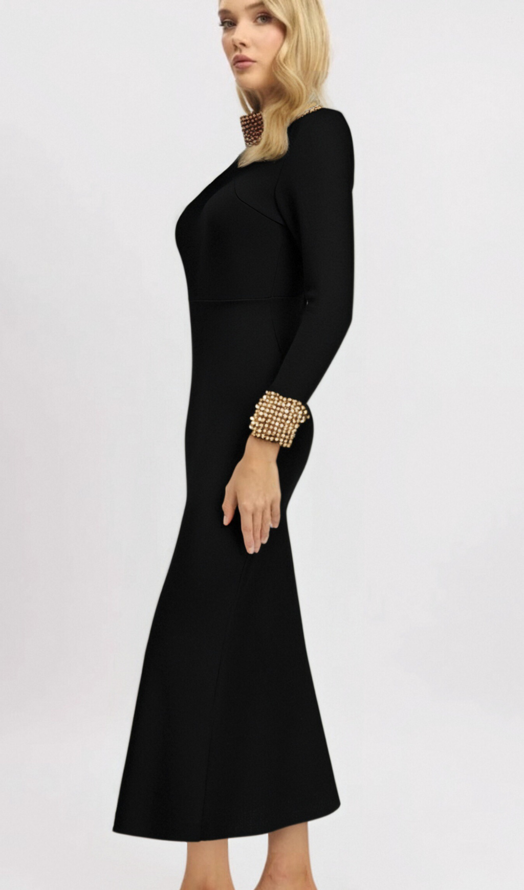 YVONNE LONG SLEEVE GOLD BEAD BANDAGE MIDI DRESS IN BLACK Flowering Girl